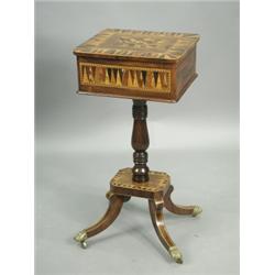 A good Regency Tunbridgeware and rosewood teapoy, the hinged lid with a cube parquetry panel w...