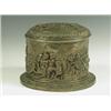 Image 1 : A Victorian Sheffield plated biscuit box, of oval form embossed to the lid and body with scene...