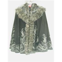 A Victorian lady's black velvet shawl/ cape embroidered, with floral designs and a feathered f...