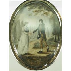 A 19th Century oval ivory portrait miniature of a gentleman and lady in a rural landscape, in...