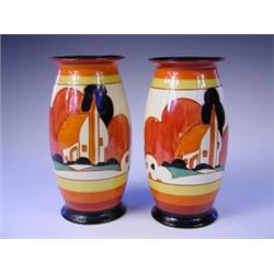 Two Clarice Cliff "Farmhouse" pattern vases, each with black printed Bizarre mark, shape 264,...