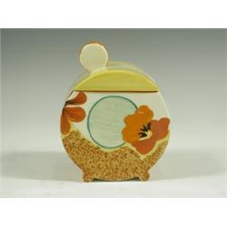 A Clarice Cliff bizarre nasturtium pattern Bon Jour preserve pot and cover, printed marks, (ti...