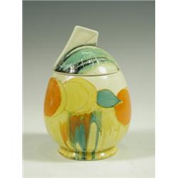 A Clarice Cliff Delicia Citrus pattern Bizarre Daffodil preserve pot and cover, printed marks,...