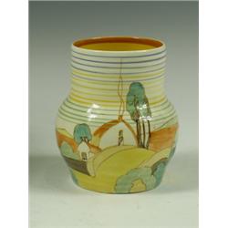 A Clarice Cliff 'Brookfields' pattern vase, shape 565, printed factory marks, 11.5cm high E...