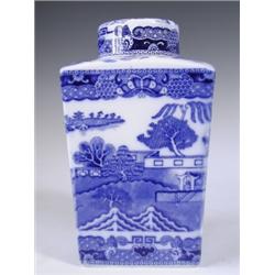 A blue and white Ringtons tea caddy with printed marks to base and underside of lid (probably...