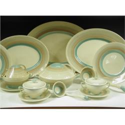A Susie Cooper Kestral pattern part coffee service with banded green and brown decoration: cof...