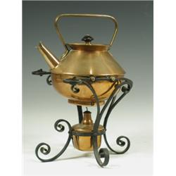 A Benham & Froud copper kettle on stand, with an ebonised knob, and a copper spirit burner, po...