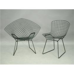 Harry Bertoia, a 'Diamond' chickenwire chair and another, with the original plastic coating<br...