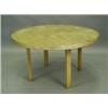 Image 1 : In the style of Alvar Aalto, a beechwood circular centre table on four bentwood legs, bears la...