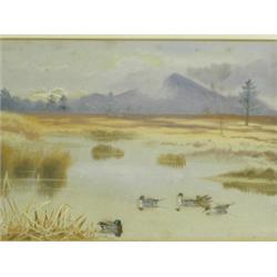 Philip Rickman (1891-1982) MALLARD AND TEAL IN LANDSCAPE; TWO TEAL IN FLIGHT Both signed, w...