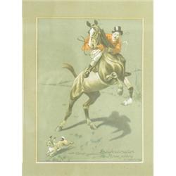 After A J Gough A set of six prints mounted in two frames depicting humorous hunting scenes, e...