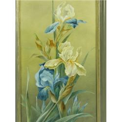 E. F. 'IRISES' Signed with initials and dated 1920, oil on board, 49.5 x 24cm Est. 100/1...