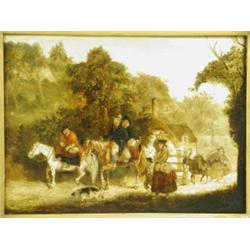 R Longbottom (?) 'GOING TO MARKET' Indistinctly signed on artist's label verso, oil on pane...