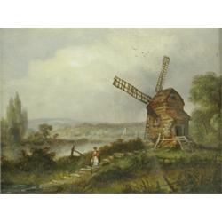 English School, 19th/20th Century A RIVER LANDSCAPE WITH A FIGURE NEAR A WINDMILL Signed wi...