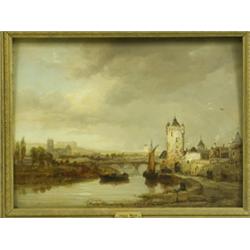 James Webb (1825-1895) A RIVER LANDSCAPE WITH A VIEW OF A TOWN, probably in Belgium Signed,...