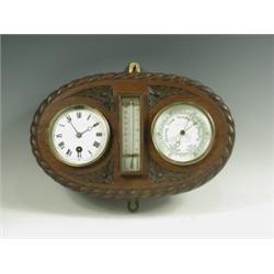 A Victorian oak clock, thermometer and barometer combination wall mount, 32cm wide Est. 200...