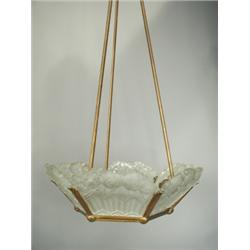 A French Art Deco ceiling light, with frosted moulded glass panels modelled as flowering baske...