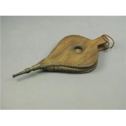 A pair of elm bellows with original leather, studwork and turned brass nozzle, 66cm long Es...