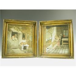A pair of Regency woolwork silk and needlework pictures, a gentleman smoking a pipe on his por...