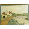 Image 1 : A woolwork picture depicting a village street with a bridge over a stream and a church beyond,...