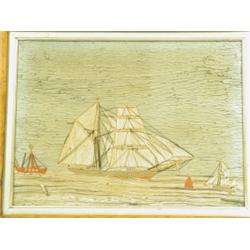 A 19th Century woolwork picture depicting a sailing ship beside the Cork Lightship, a buoy and...