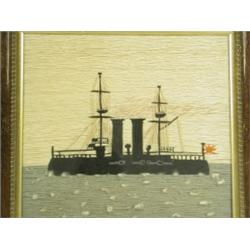 A woolwork picture depicting a Japanese warship, c.1900, 32 x 34cm. Est. 180/250...