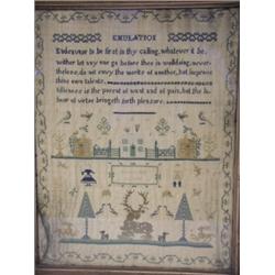 A mid 19th Century needlework sampler worked by "Rosenah Math?" with buildings, birds, animals...