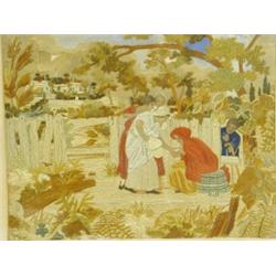 A 19th Century woolwork picture depicting a group of girls with a fortune teller, a village be...