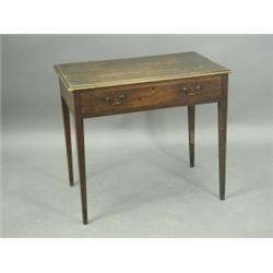 A George III oak side table with a single drawer and swan neck handles on square tapering legs...