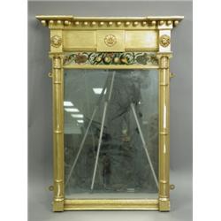 A Regency over-mantel mirror, the cluster columns with Ionic capitals with a painted floral fr...