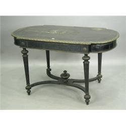 A mid 19th Century ebonised centre table, with brass inlay and mouldings, rounded ends and a d...