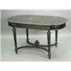 Image 1 : A mid 19th Century ebonised centre table, with brass inlay and mouldings, rounded ends and a d...