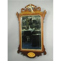 A Chippendale style walnut fret framed mirror with a gilt ho-ho bird and an oval inlaid shell,...