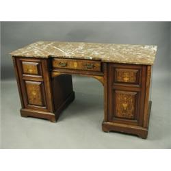 A Victorian inlaid rosewood washstand with an inverted breakfront, a marble top and two panell...