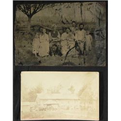 2 Antique Photos Tintype Rural Family Outdoor Group