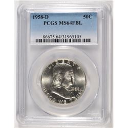 1958-D FRANKLIN HALF DOLLAR, PCGS MS-64 FBL