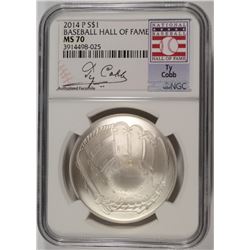 2014 BASEBALL HALL OF FAME COMMEM SILVER DOLLAR NGC MS-70  TY COBB LABEL