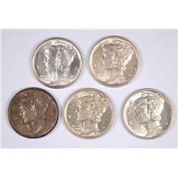 (5) MERCURY DIMES (40, 41, 41, 42-D, 43) CH BU