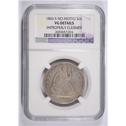 1866-S (NO MOTTO) SEATED HALF DOLLAR NGC VG DETAILS