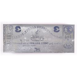 RARE! TEXAS CONFEDERATE PRINTING BLOCK THAT PRODUCED A THREE DOLLAR BEARER NOTE