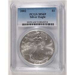 2002 AMERICAN SILVER EAGLE, PCGS MS-69
