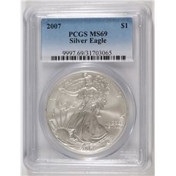 2007 AMERICAN SILVER EAGLE, PCGS MS-69