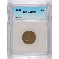 1858 SMALL LETTERS FLYING EAGLE CENT ICG AU-55
