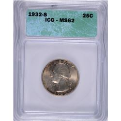 1932-S WASHINGTON QUARTER, ICG MS-62 WITH NICE COLOR!
