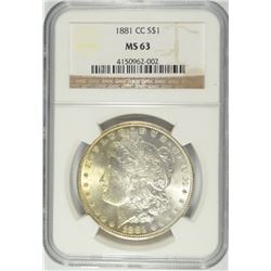 1881-CC MORGAN SILVER DOLLAR, NGC MS-63