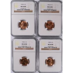 2 1952-D, 2 55-S LINCOLN CENTS NGC MS-66RD