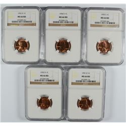 1950-D, 51-D, 52-D, 54-S, 55-S LINCOLN CENTS ALL NGC MS-66 RD