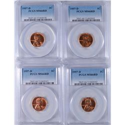 LOT OF ( 4 ) 1957-D LINCOLN CENTS, PCGS  MS-66 RED