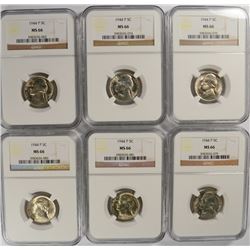 LOT OF ( 6 ) 1944--P SILVER JEFFERSON NICKELS,  NGC MS-66