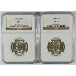 2 1954-S WASHINGTON QUARTERS NGC MS-66
